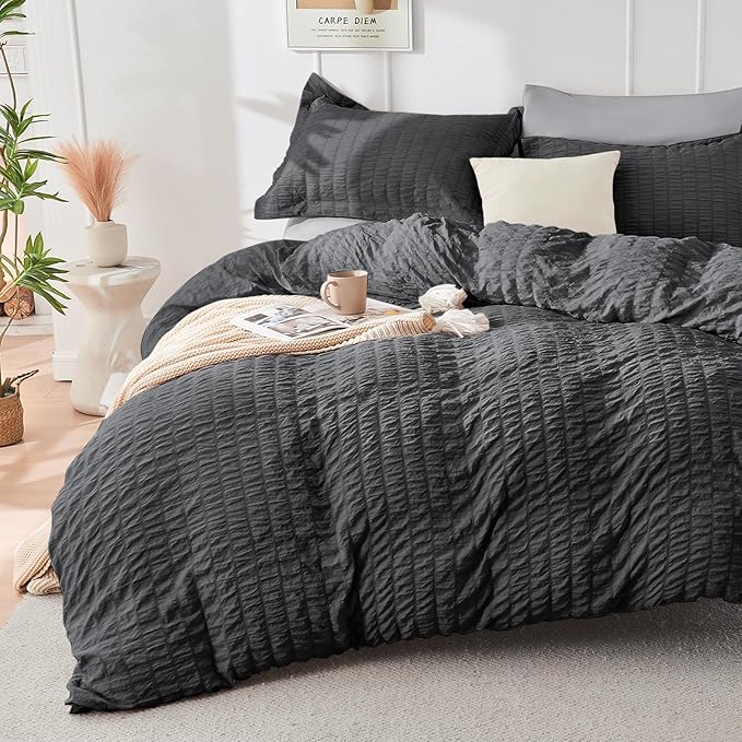 HYMOKEGE Dark Grey/Light Grey Full Size Comforter Sets Seersucker 7 Pieces - Image 2