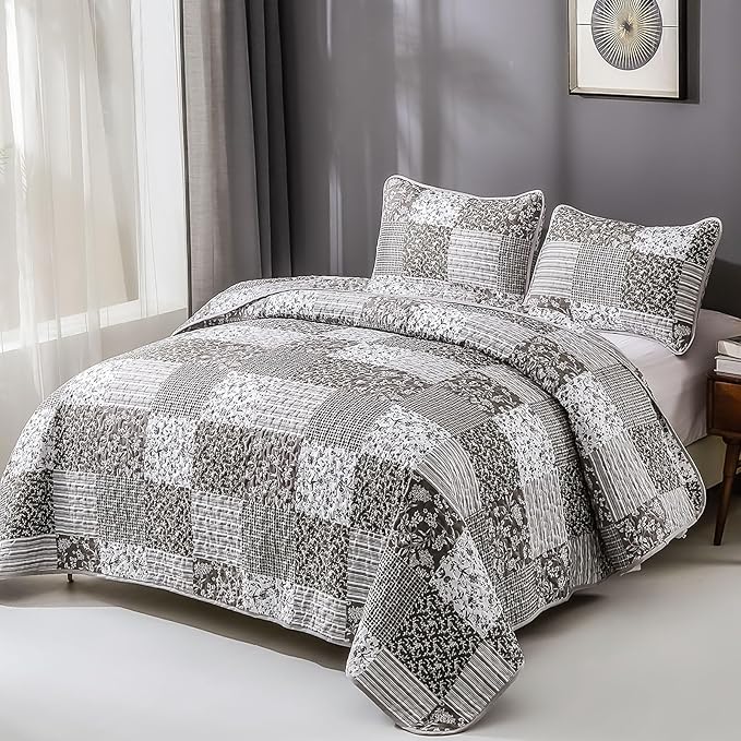 Mybedsoul Grey Boho Quilt Set Queen Size, 3 Pieces Plaid Floral Bedspread - Image 2