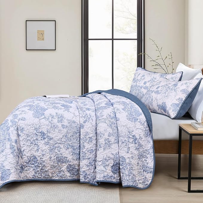WONGS BEDDING Botanical Quilt Set California King Size, 3 Pieces Blue Toile - Image 3