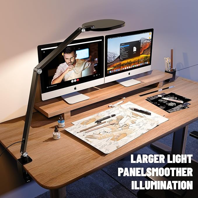 Led Desk Lamps for Home Office, Eye-Care Architect Light with Clamp, Dimmable Zoom Lighting with 3 Color Modes & 10 Brightness, Smart Computer Ring Light for Video Calls, Conference, Reading-DeskoryOffice