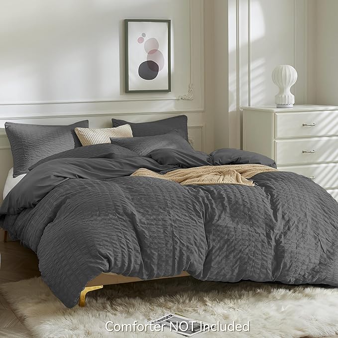 JELLYMONI Charcoal Grey Duvet Cover Twin Size, Soft Breathable Seersucker Duvet - Image 3