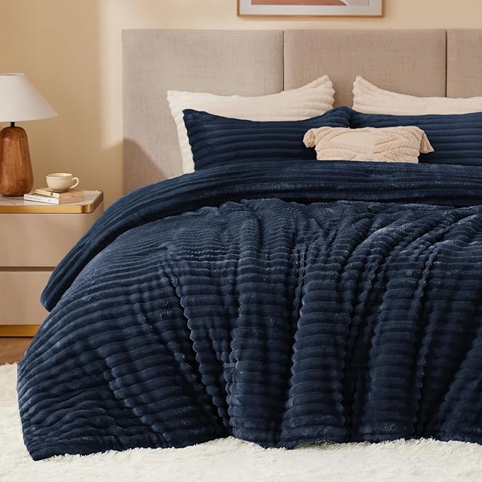 BEDELITE Fleece Queen Comforter Set -Super Soft & Warm Fluffy Navy Blue Bedding by BEDELITE