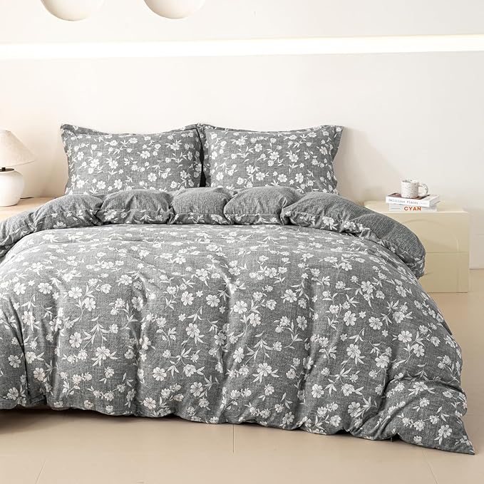 OAITE Grey Flower Twin Size Duvet Cover-3 Pieces Prewashed Cotton-Like by OAITE
