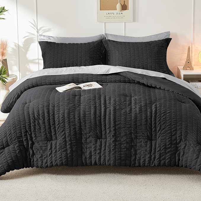 HYMOKEGE Black/Light Grey Twin XL Comforter Set Seersucker 5 Pieces, All Season - Image 7