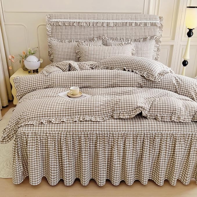 mixinni Tan Gingham Ruffle Duvet Cover Full Size 3 Pieces – 100% Washed Cotton - Image 3