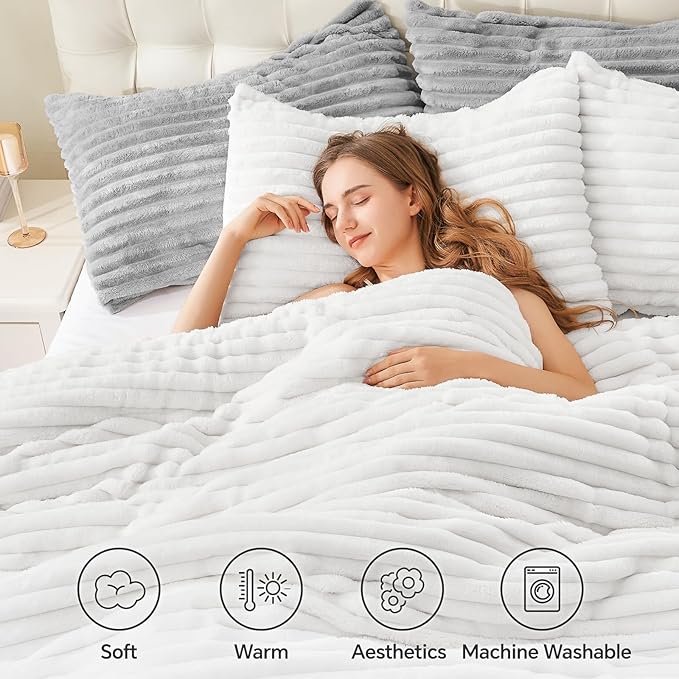 BEDELITE Fleece Full Comforter Set -Super Soft & Warm Fluffy Bright White - Image 3