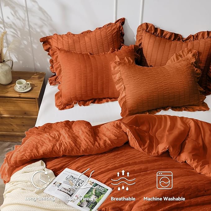 JOLLYVOGUE Burnt Orange Twin Size Comforter Set, 2 Pieces Seersucker - Image 3