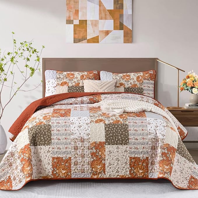 Patchwork Quilts Set King Size 3 Pieces Terracotta Plaid Bedspread Coverlet Set by Anibedding