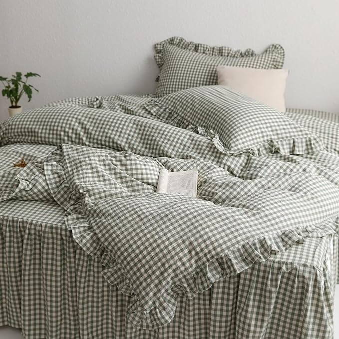 MKXI Sage Green Gingham Duvet Cover Twin, 3-Piece Ruffled Bedding Set by MKXI