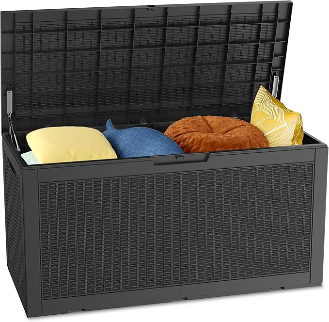 100 Gallon Outdoor Storage Box Waterproof Lockable Resin Deck Box Large, Patio Storage Bin for Pool Accessories Cushion Furniture, Garden Tools, UV-Resistant Outside Delivery Black-DeskoryOffice