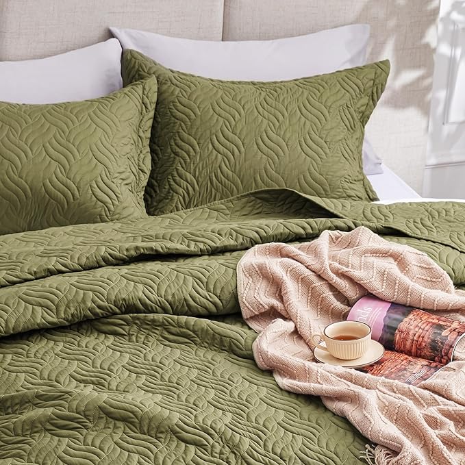Love's cabin California King Size Quilt Bedding Set Olive Green Bedspread - Image 7