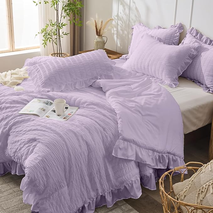 JOLLYVOGUE Lavender Queen Comforter Set, 3 Pieces Seersucker Comforters Queen - Image 8