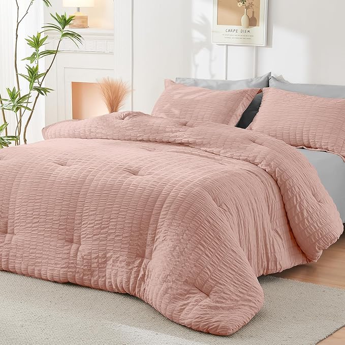 HYMOKEGE Rose Gold/Light Grey Twin XL Comforter Set Seersucker 5 Pieces - Image 8