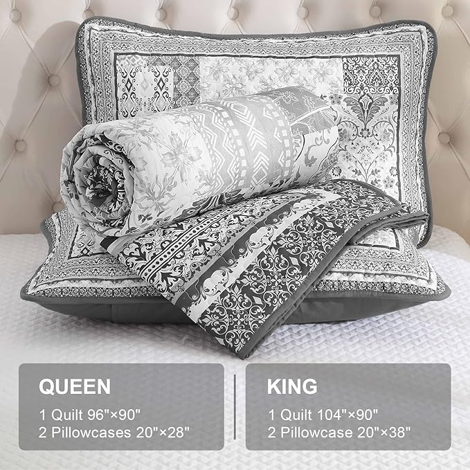 WONGS BEDDING Grey Quilt Set Queen Size, Bohemian Patchwork Bedspread Coverlet - Image 6