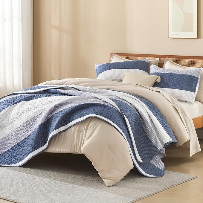 Litanika Oversized King Quilt Set Mineral Blue, 128x120 Stripe Bedspread - Image 4