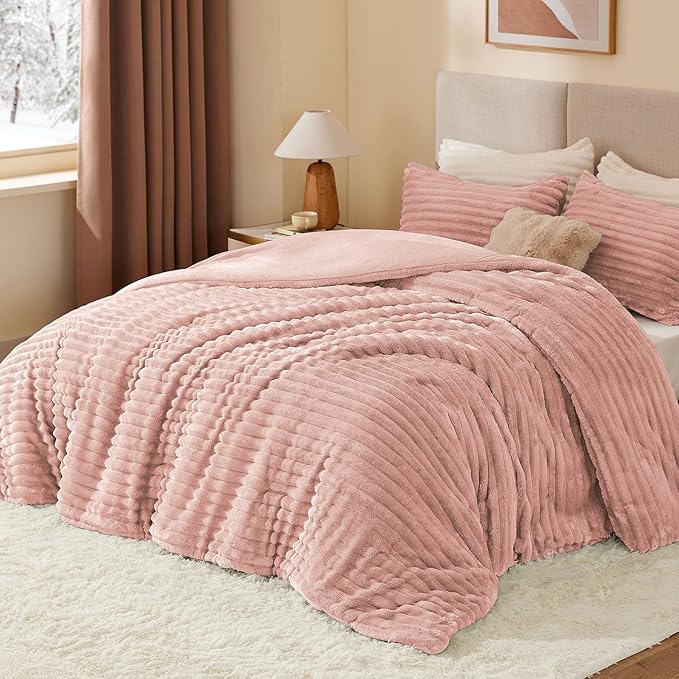 BEDELITE Fleece King Comforter Set -Super Soft & Warm Fluffy Dusty Pink Bedding - Image 2