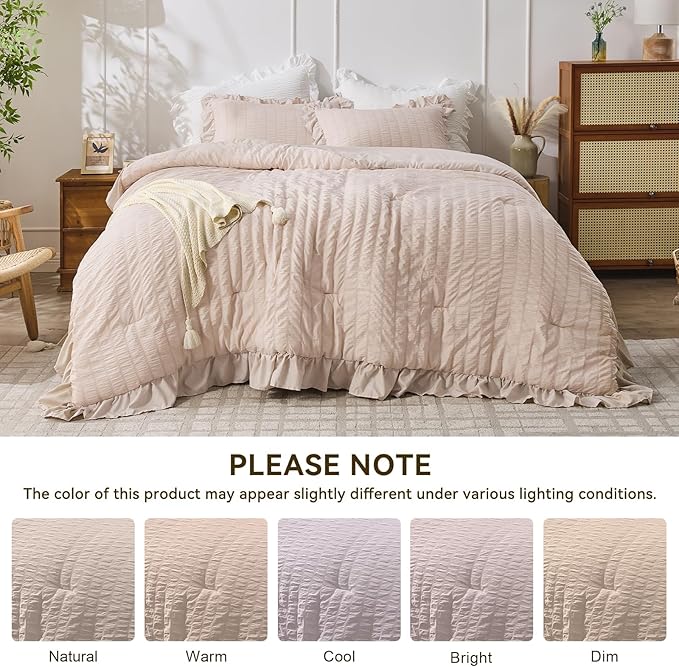 JOLLYVOGUE Beige Queen Comforter Set, 3 Pieces Seersucker Comforters Queen Size - Image 8