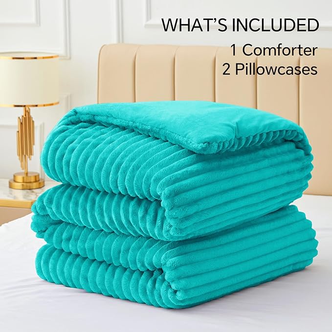 BEDELITE Fleece King Comforter Set -Super Soft & Warm Fluffy Teal Bedding - Image 6