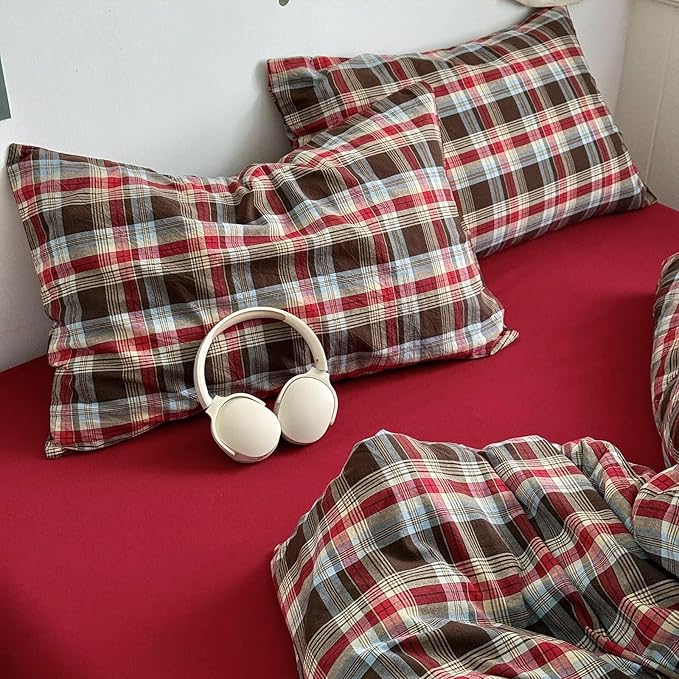 mixinni Vintage Red & Brown Buffalo Plaid Duvet Cover Set Twin Size - Image 6