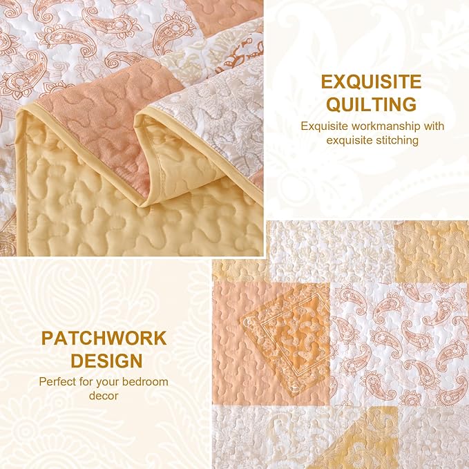 Mybedsoul Yellow Patchwork Quilts Queen Size, Soft Paisley Floral Queen - Image 4