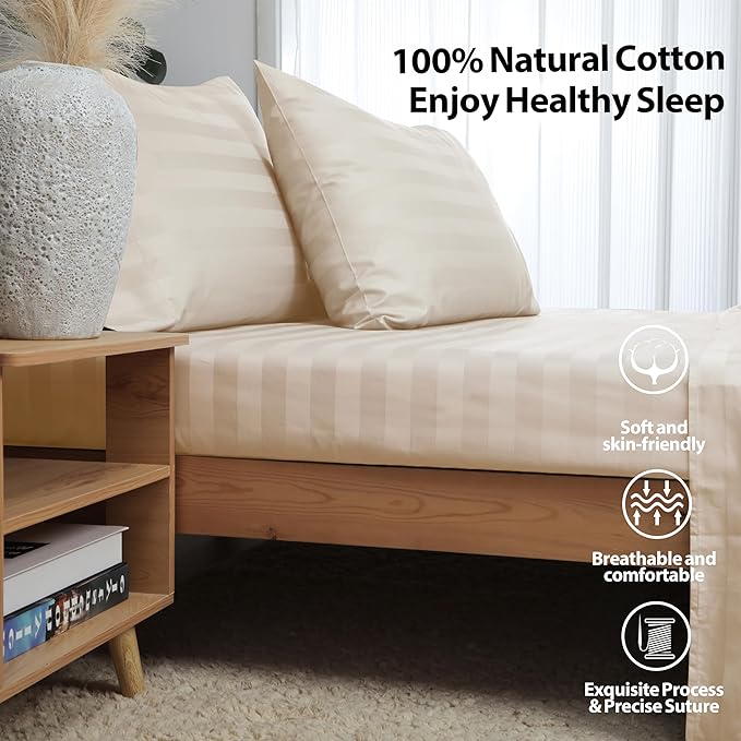 Twin XL Size Striped Fitted Sheet Only Beige Color, 100% Egyptian Cotton 600 - Image 2