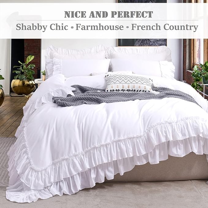 QSH Ruffle White Duvet Cover Queen Size -Washed Cotton Shabby Farmhouse Ruffled - Image 2
