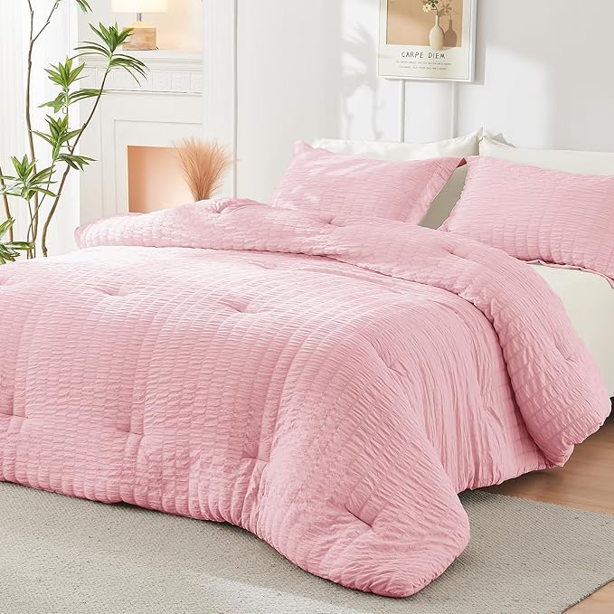 HYMOKEGE Pink/Ivory King Size Comforter Set Seersucker 7 Pieces, All Season - Image 8