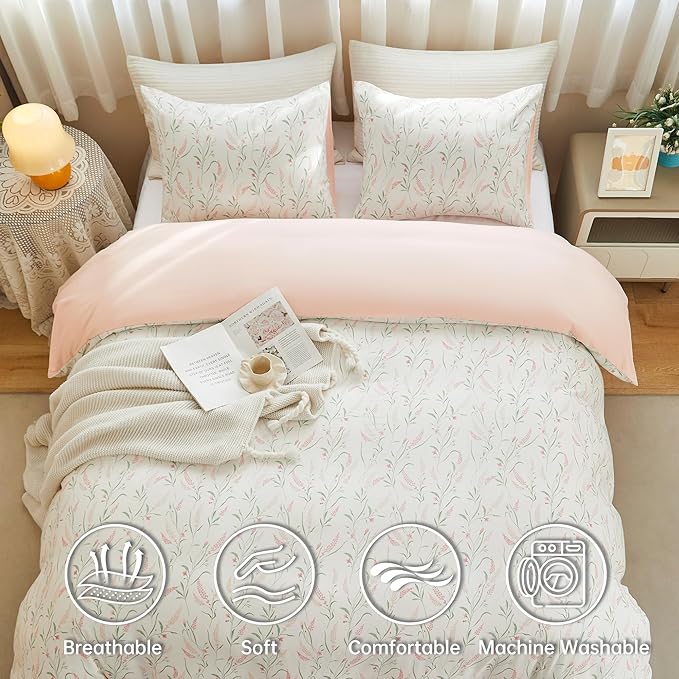 BOLINLIVING Pink Floral Duvet Cover Twin Size, Kids Girls Botanical Leaf Spring - Image 3