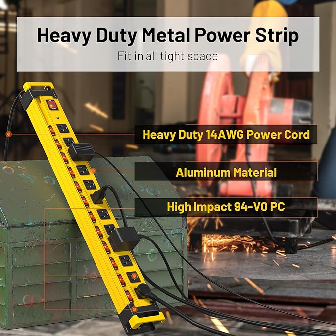 Plug'n 12 Outlet 13 Individual Switches,3300J Surge Protector Power Strip,9FT/14AWG/15AMP/1875W Power Cord,Heavy Duty Metal Power Strip with Cord Manager for Workshop,Garage,Shop-DeskoryOffice