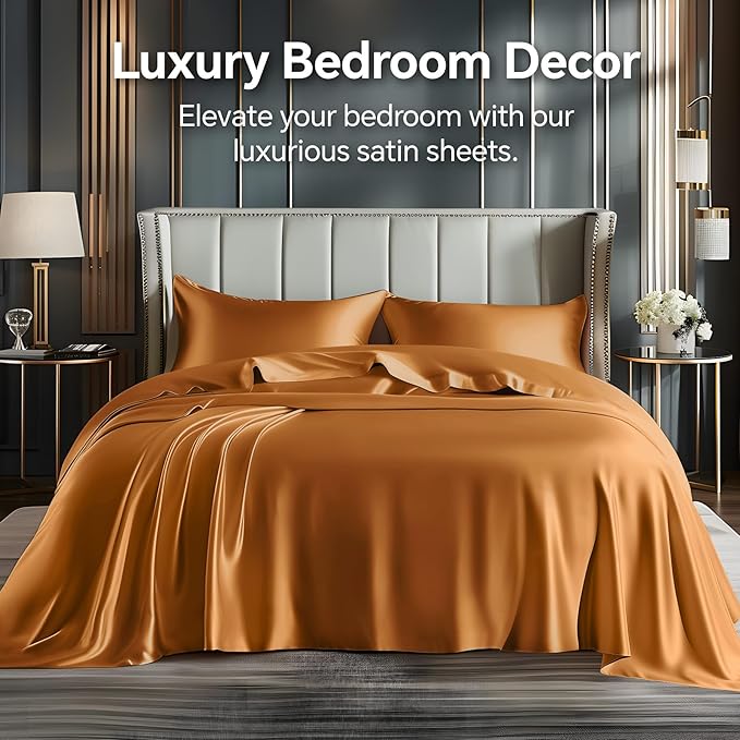 BEDELITE Satin Sheets Twin XL Size Bed Set, Luxury Soft Burnt Orange Silky - Image 2