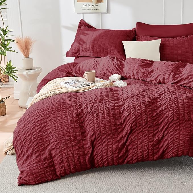 HYMOKEGE Burgundy Twin Comforter Set Seersucker 5 Pieces, All Season Luxury Bed - Image 2