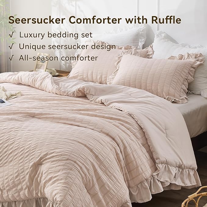JOLLYVOGUE Beige King Comforter Set, 3 Pieces Seersucker Comforters King Size - Image 3