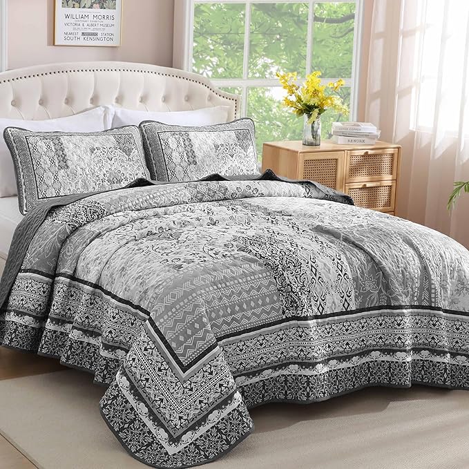 WONGS BEDDING Grey Quilt Set Queen Size, Bohemian Patchwork Bedspread Coverlet - Image 2