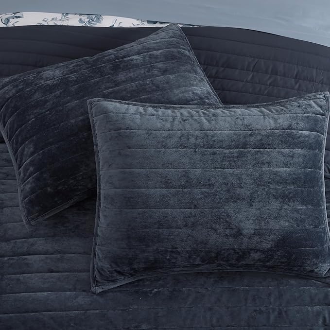 WRENSONGE Velvet Queen Quilt Set-3 Pieces Blue Grey Luxurious Velvet Striped - Image 8