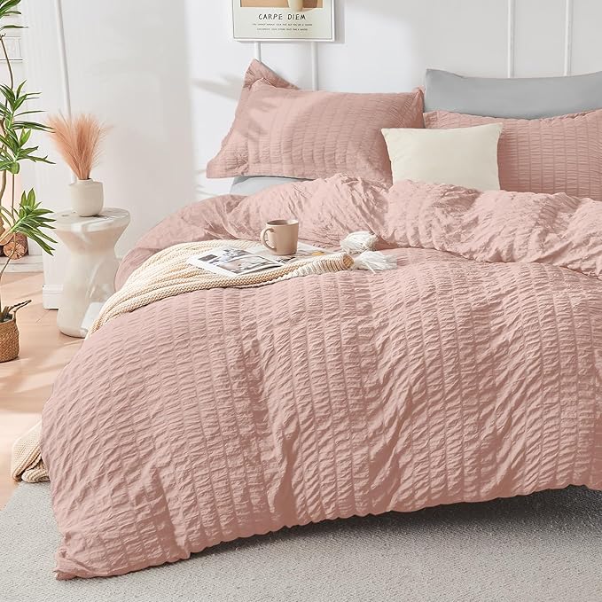 HYMOKEGE Rose Gold/Light Grey Duvet Cover Queen Size, Ultra Soft 3-Piece by HYMOKEGE