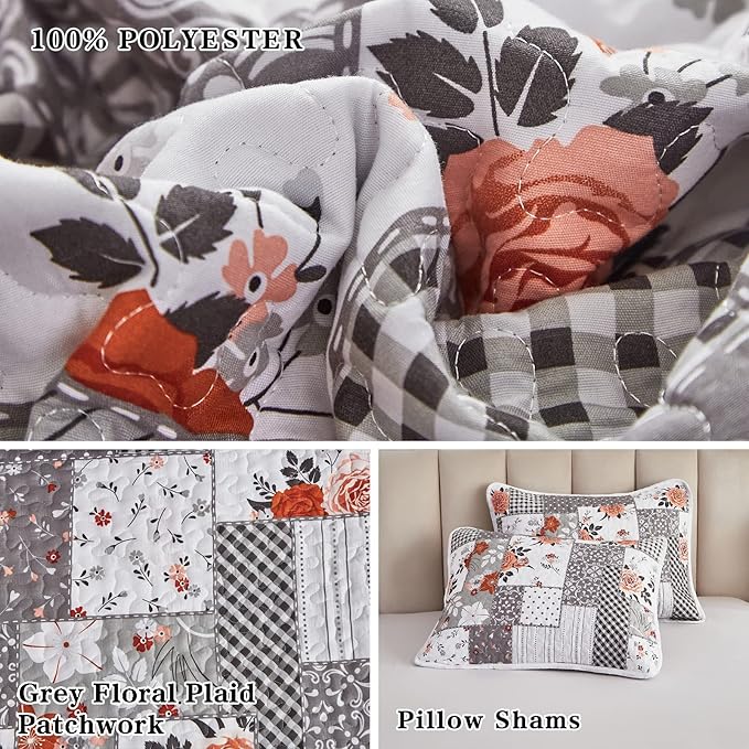 Patchwork Quilt Set King Size, 3 Pieces Grey White Floral Plaid Summer - Image 6