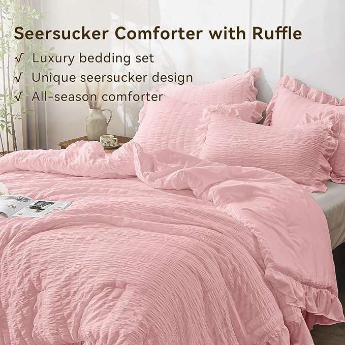 JOLLYVOGUE Pink Twin Size Comforter Set, 2 Pieces Seersucker Lightweight Fluffy - Image 3