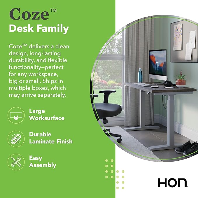 HON Coze Electric Standing Desk Adjustable Height, Coordinate Height Adjustable Desk, 48", Walnut Top, White Base-DeskoryOffice