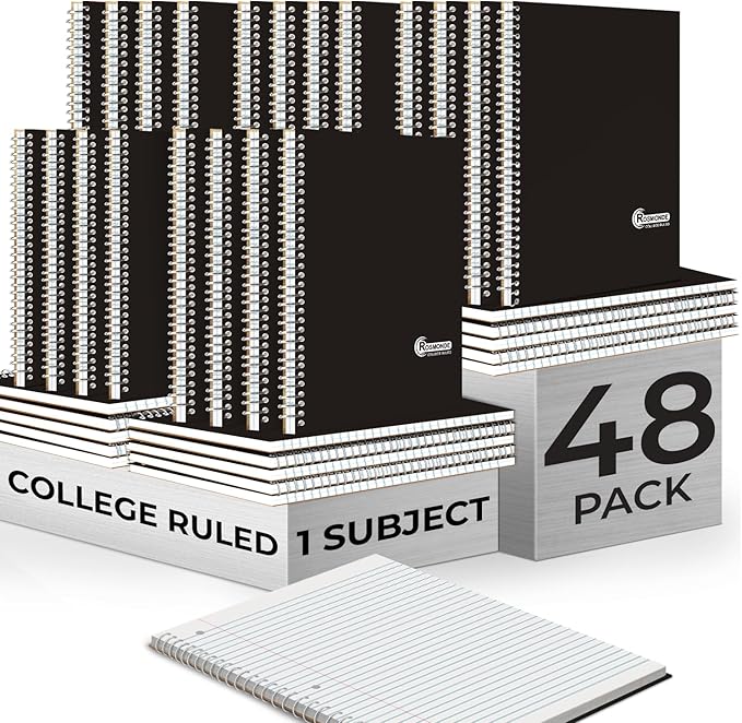 1 Subject Spiral Notebook, 50 Pack, College Ruled, Water Resistant Cover, Thick 140 Pages (70 Sheets), 8 x 10-1/2, 3 Hole Punched, Bulk School & Office, Black Cover-DeskoryOffice