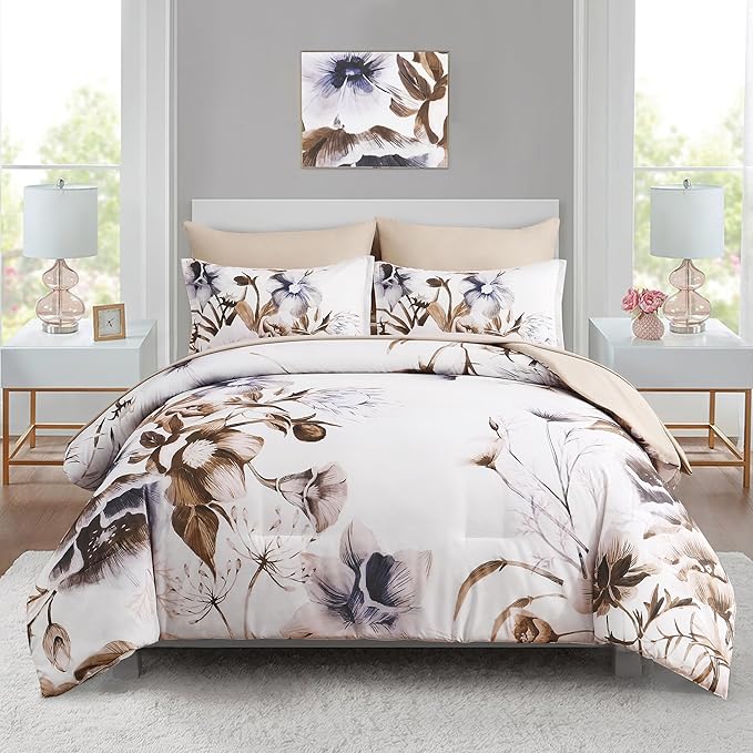 Luxudecor Floral Comforter Set Queen Size 7 Piece, Elegant Floral Comforter by Luxudecor
