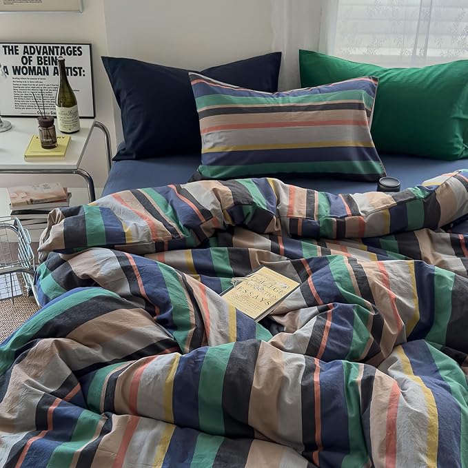 mixinni Vintage Striped Duvet Cover Full 100% Washed Cotton Bedding Set Retro - Image 2