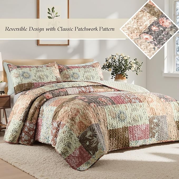 Whale Flotilla Patchwork Quilt Twin Size, Soft Boho Floral Bedspreads - Image 2