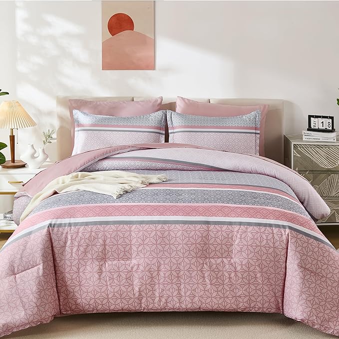 WONGS BEDDING Pink Queen Comforter Set 7 Pieces, Boho Striped Bed in a Bag - Image 8