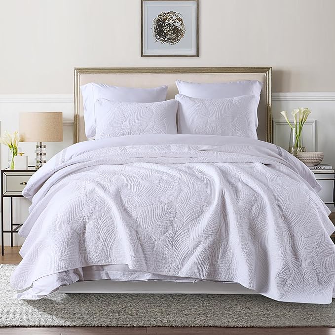 ROOMLIFE King Quilt Set Palm Leaves Pattern 3 PCS 100% Cotton Soft Breathable by ROOMLIFE