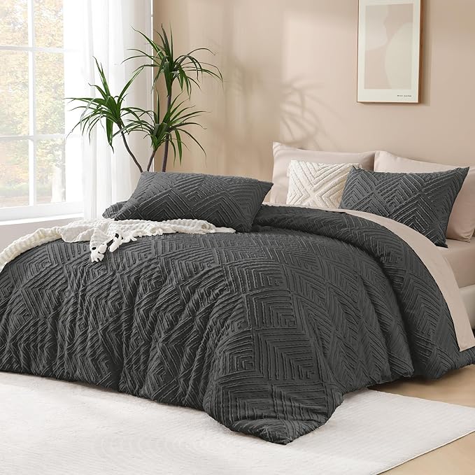 Andency Dark Grey Comforter Set Queen, 3 Pieces Tufted Farmhouse Shabby Chic by Andency