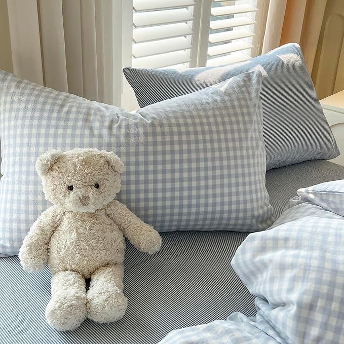 mixinni Light Blue Gingham Duvet Cover Set Queen Size - Image 8