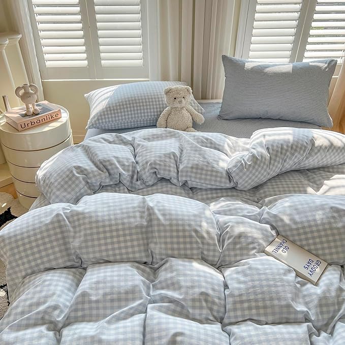 mixinni Light Blue Gingham Duvet Cover Set Full Size by mixinni