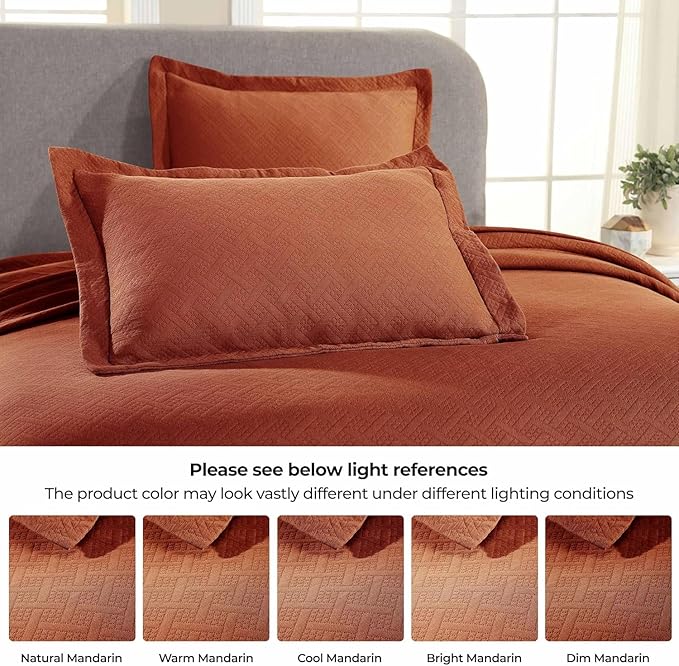 Superior 3 Piece Basketweave Cotton Bedspread Set, Home Bed Decor, Decorative Bed Spread, 2 Pillow Shams, Medium Weight Blanket, Matelasse Coverlet Bedding, Geometric Lattice Pattern, Queen, Mandarin