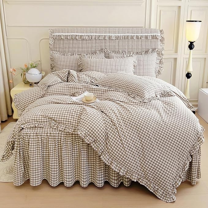 mixinni Tan Gingham Ruffle Duvet Cover Twin Size 3 Pieces – 100% Washed Cotton by mixinni