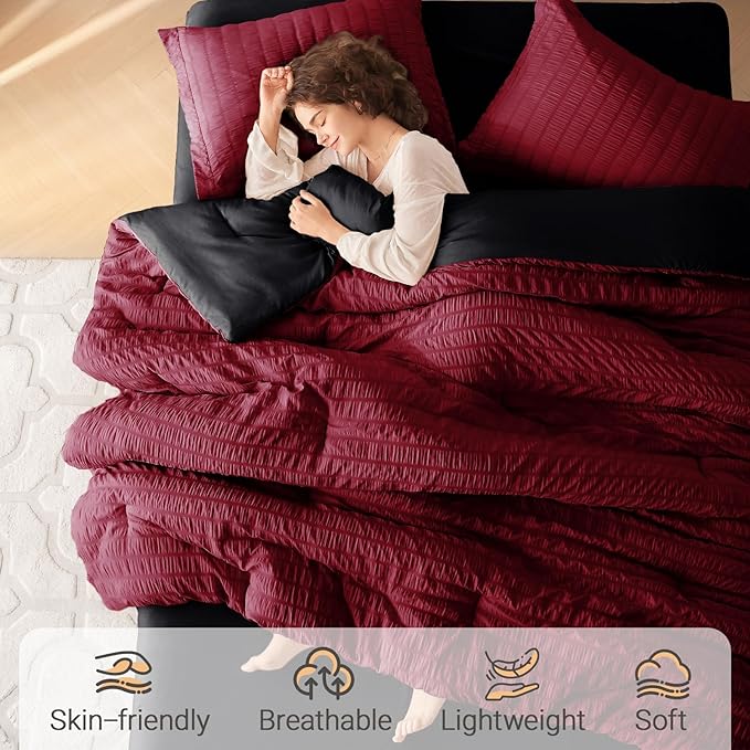 MUXHOMO 7 Pieces Queen Comforter Set, Seersucker Bed in a Bag Queen Size - Image 2